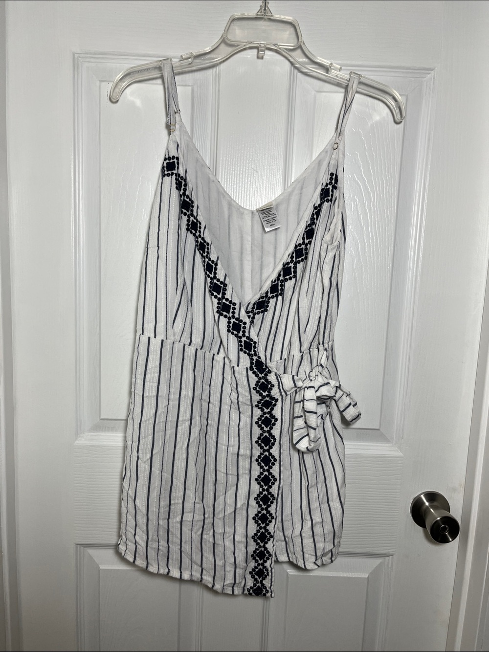 l*space White Striped Wrap Romper with Navy Embroidery